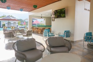 The swimming pool and its paved terrace with loungers and parasols, hills beyond.