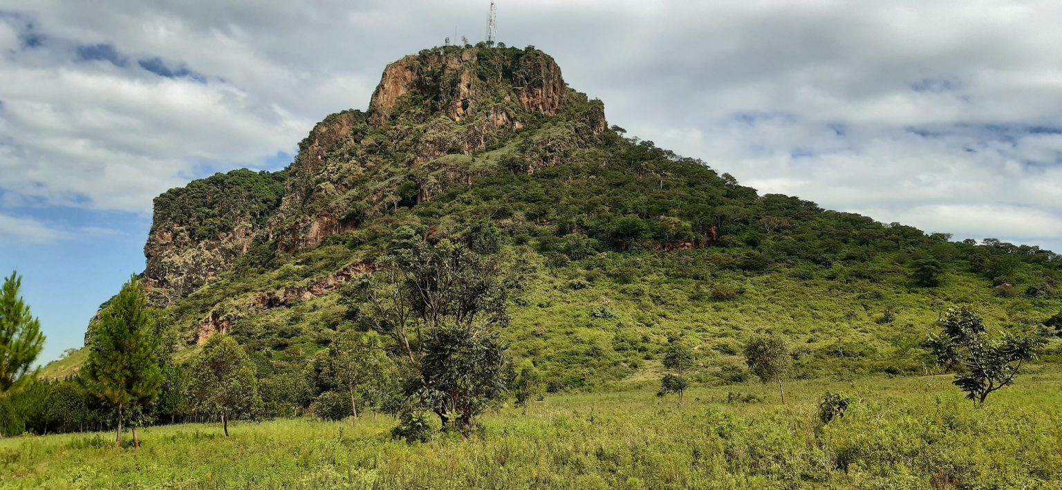 Tororo Rock rising above open grassland and trees in eastern Uganda.