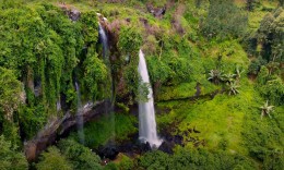The Sipi Falls cascade dropping down a green cliff into forested valley below.