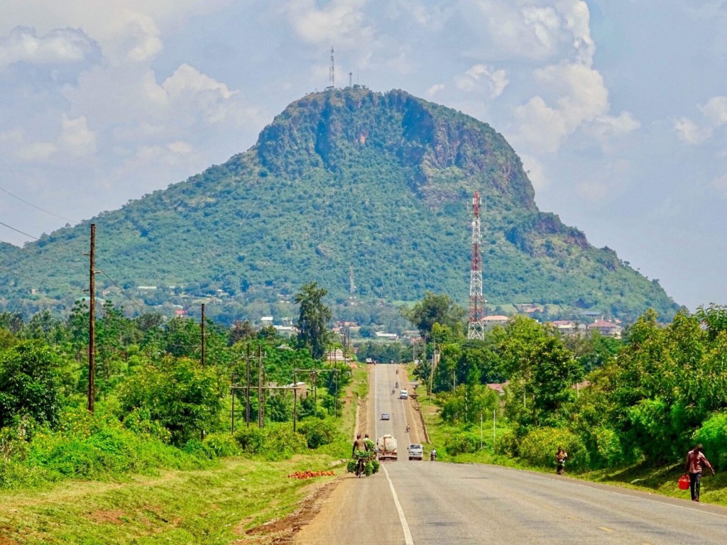 Tororo Rock rising above the road on the approach into Tororo town.